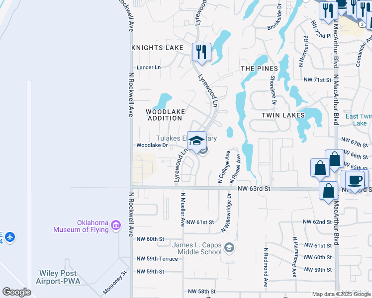 map of restaurants, bars, coffee shops, grocery stores, and more near 6532 Woodlake Drive in Oklahoma City