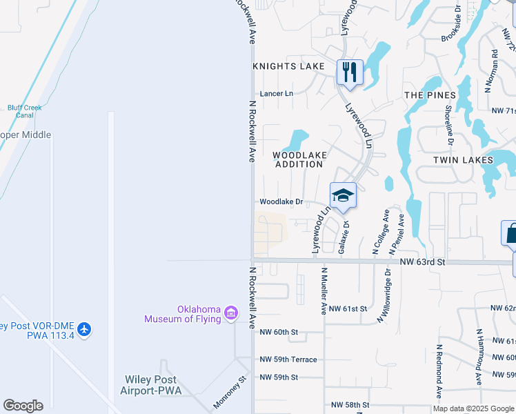 map of restaurants, bars, coffee shops, grocery stores, and more near 7026 Woodlake Drive in Oklahoma City