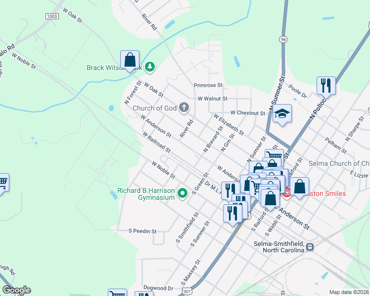 map of restaurants, bars, coffee shops, grocery stores, and more near 803 West Anderson Street in Selma