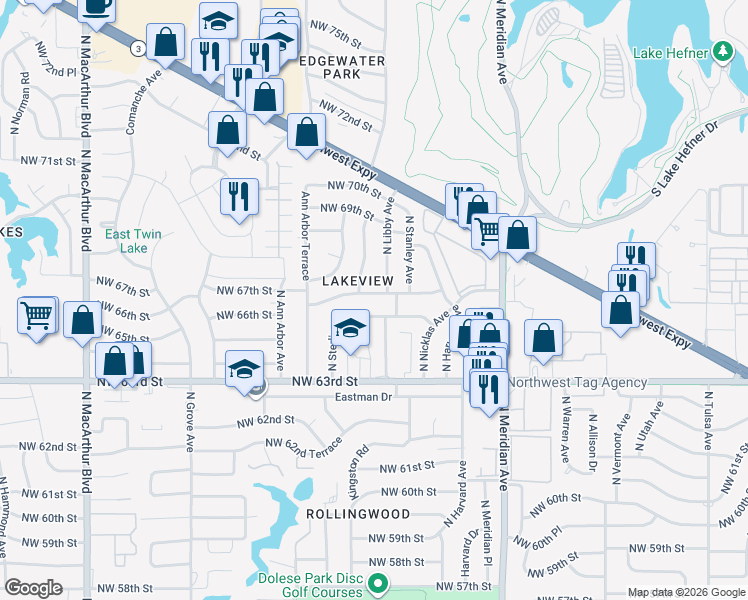 map of restaurants, bars, coffee shops, grocery stores, and more near 6469 North Sterling Drive in Oklahoma City