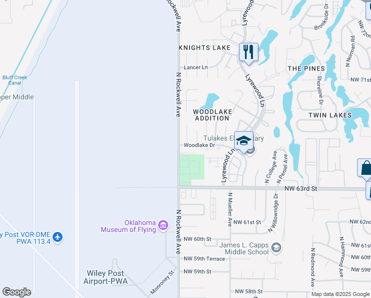 map of restaurants, bars, coffee shops, grocery stores, and more near 7022 Woodlake Drive in Oklahoma City