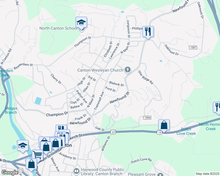 map of restaurants, bars, coffee shops, grocery stores, and more near 129 Ford Street in Canton
