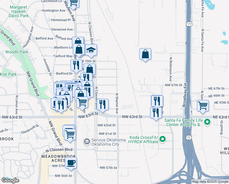 map of restaurants, bars, coffee shops, grocery stores, and more near 800 Northwest 66th Street in Oklahoma City