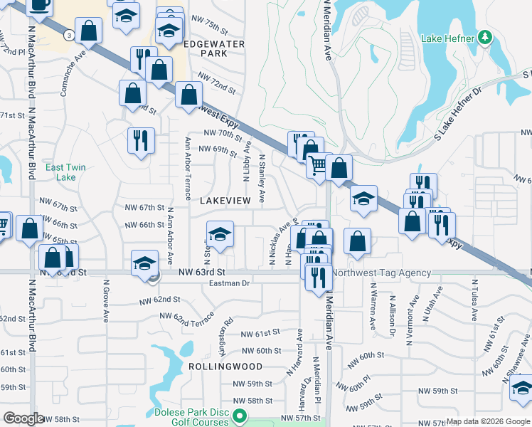 map of restaurants, bars, coffee shops, grocery stores, and more near 4616 Northwest 65th Street in Oklahoma City
