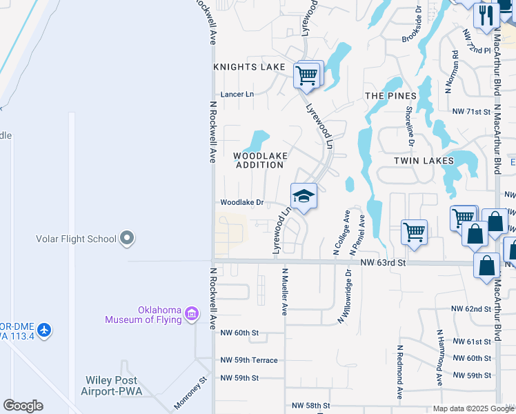 map of restaurants, bars, coffee shops, grocery stores, and more near 6832 Woodlake Drive in Oklahoma City