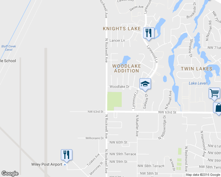 map of restaurants, bars, coffee shops, grocery stores, and more near 7026 Woodlake Drive in Oklahoma City