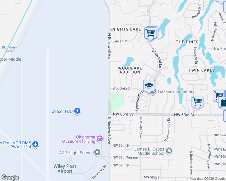 map of restaurants, bars, coffee shops, grocery stores, and more near 7026 Woodlake Drive in Oklahoma City