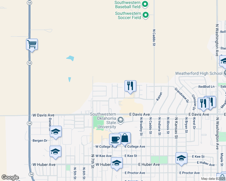 map of restaurants, bars, coffee shops, grocery stores, and more near 1300 Sandpiper Road in Weatherford