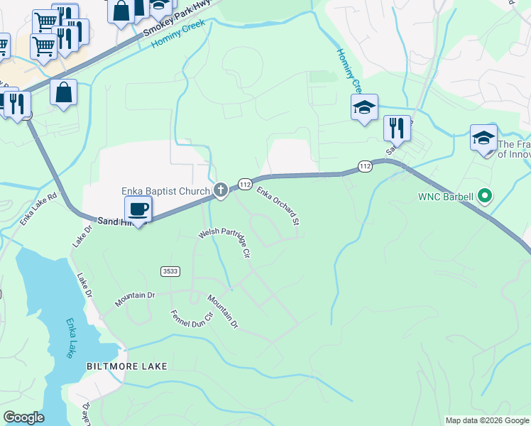 map of restaurants, bars, coffee shops, grocery stores, and more near 6 Enka Pine Street in Candler