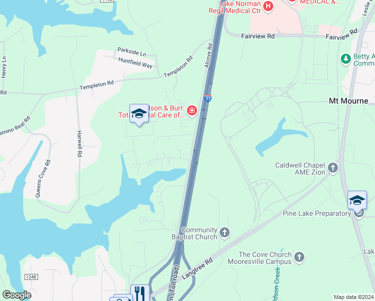 map of restaurants, bars, coffee shops, grocery stores, and more near 281 Alcove Road in Mooresville