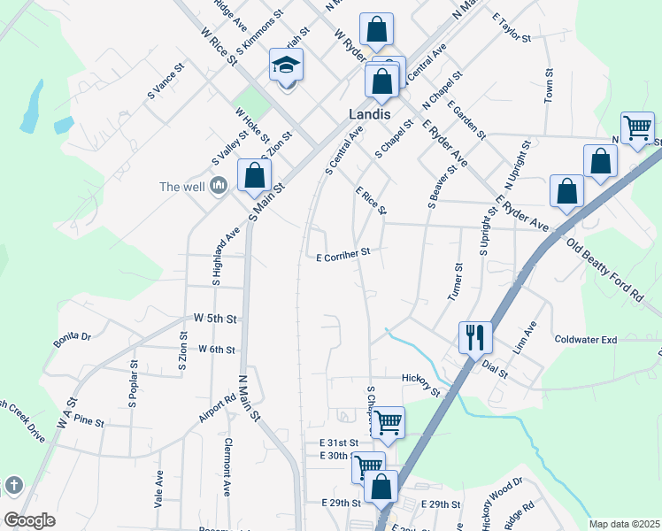map of restaurants, bars, coffee shops, grocery stores, and more near 302 East Corriher Street in Landis