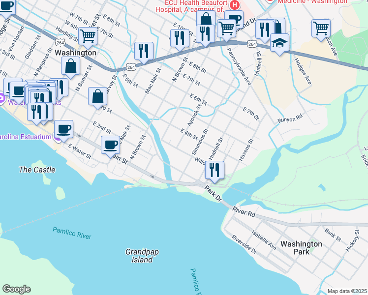 map of restaurants, bars, coffee shops, grocery stores, and more near 805 Willow Street in Washington