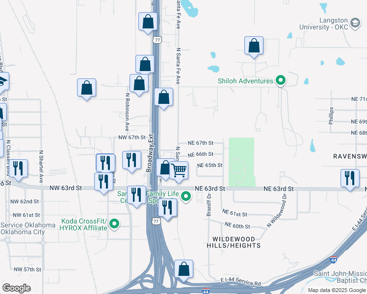 map of restaurants, bars, coffee shops, grocery stores, and more near 10 North Santa Fe Avenue in Oklahoma City