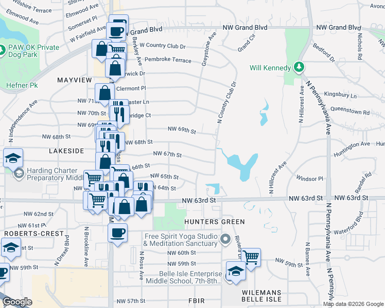 map of restaurants, bars, coffee shops, grocery stores, and more near 2525 Northwest 67th Street in Oklahoma City
