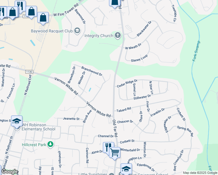 map of restaurants, bars, coffee shops, grocery stores, and more near 4340 Old Tar Road in Winterville