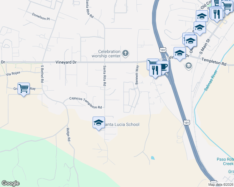 map of restaurants, bars, coffee shops, grocery stores, and more near 1225 Santa Rita Road in Templeton