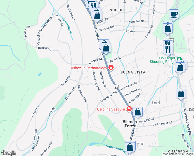 map of restaurants, bars, coffee shops, grocery stores, and more near 17 Buena Vista Road in Biltmore Forest