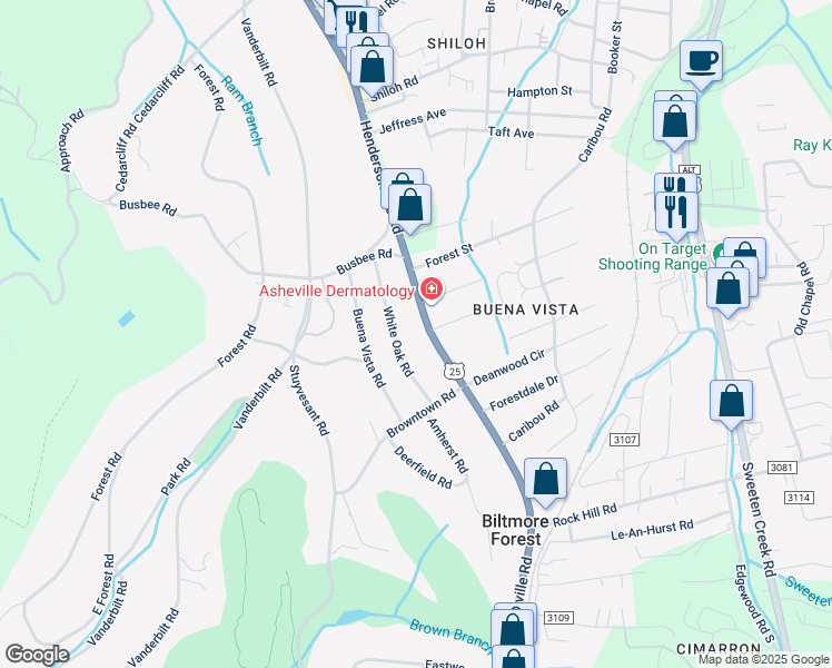 map of restaurants, bars, coffee shops, grocery stores, and more near 919 Hendersonville Road in Asheville