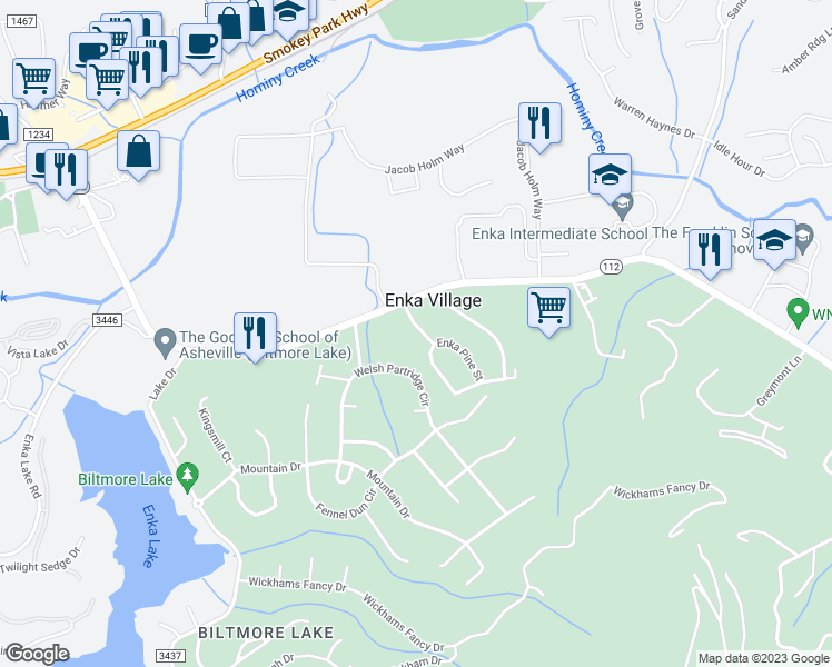 map of restaurants, bars, coffee shops, grocery stores, and more near 7 Enka Crescent Street in Candler