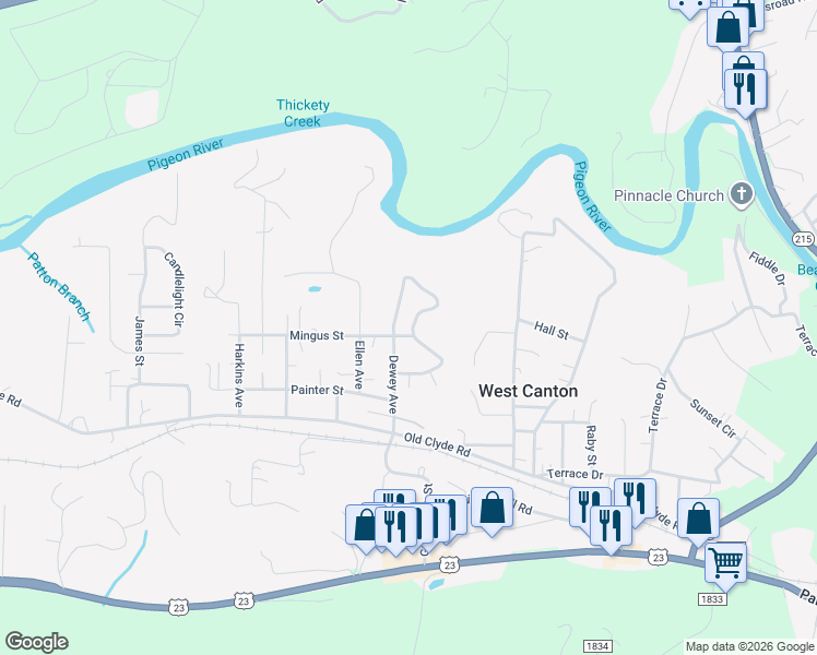 map of restaurants, bars, coffee shops, grocery stores, and more near 213 Dewey Avenue in Canton