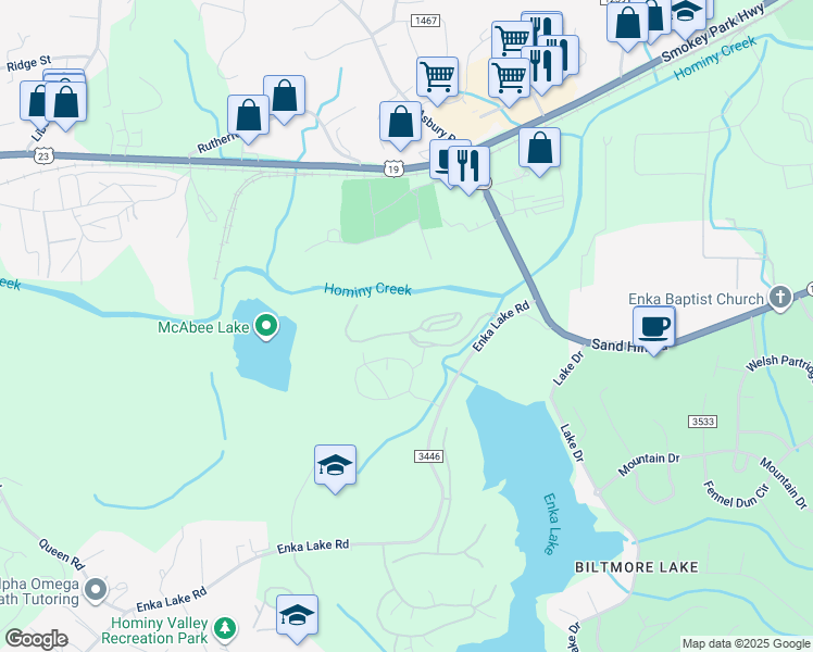 map of restaurants, bars, coffee shops, grocery stores, and more near 101 Winter Forest Drive in Candler