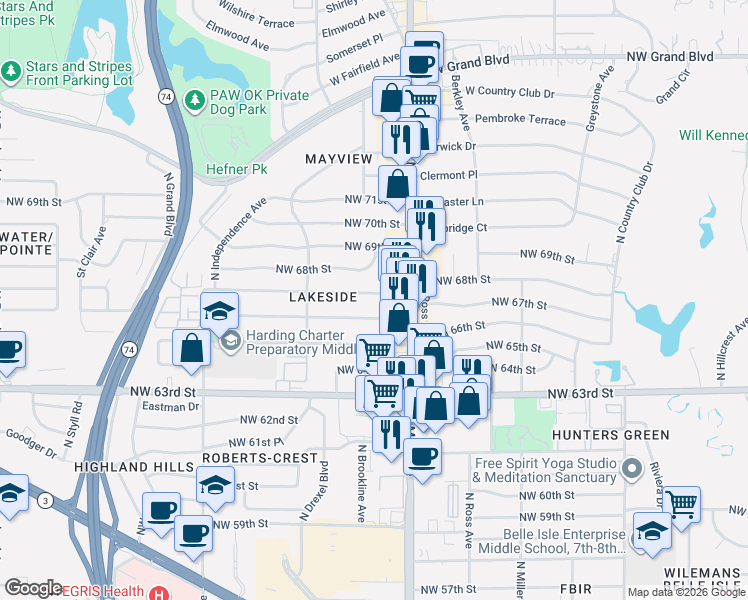 map of restaurants, bars, coffee shops, grocery stores, and more near 2941 Northwest 66th Street in Oklahoma City