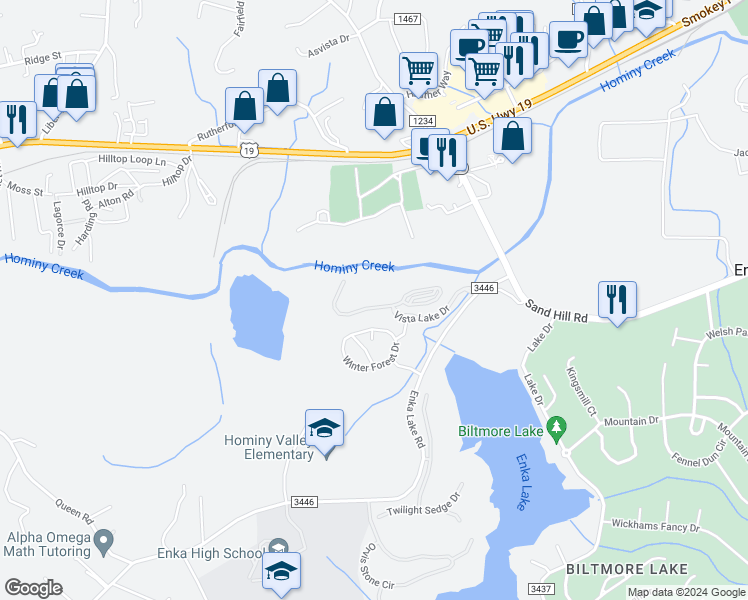 map of restaurants, bars, coffee shops, grocery stores, and more near 600 Vista Lake Drive in Candler