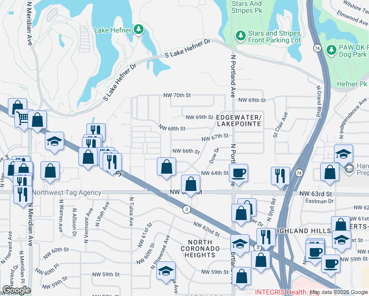 map of restaurants, bars, coffee shops, grocery stores, and more near 3808 Northwest 66th Street in Oklahoma City