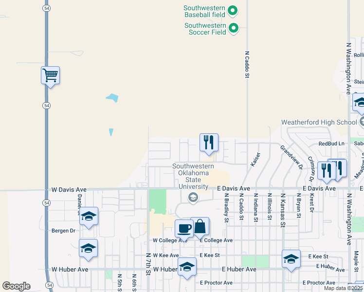 map of restaurants, bars, coffee shops, grocery stores, and more near 1300 Sandpiper Road in Weatherford