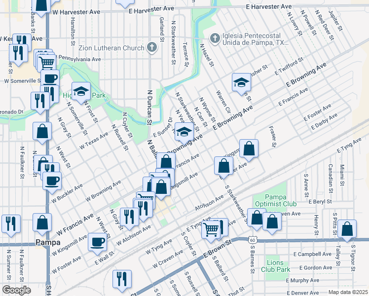 map of restaurants, bars, coffee shops, grocery stores, and more near in Pampa