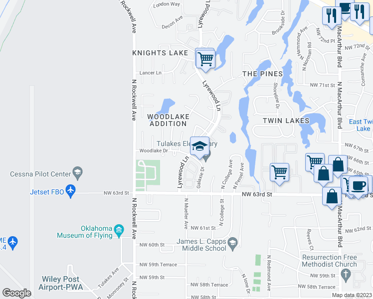 map of restaurants, bars, coffee shops, grocery stores, and more near 6807 Woodlake Drive in Oklahoma City