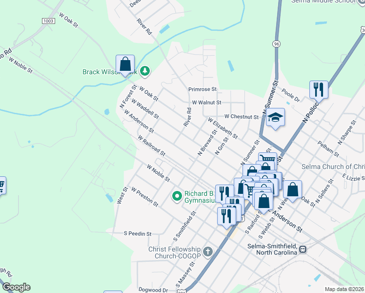 map of restaurants, bars, coffee shops, grocery stores, and more near 804 West Anderson Street in Selma