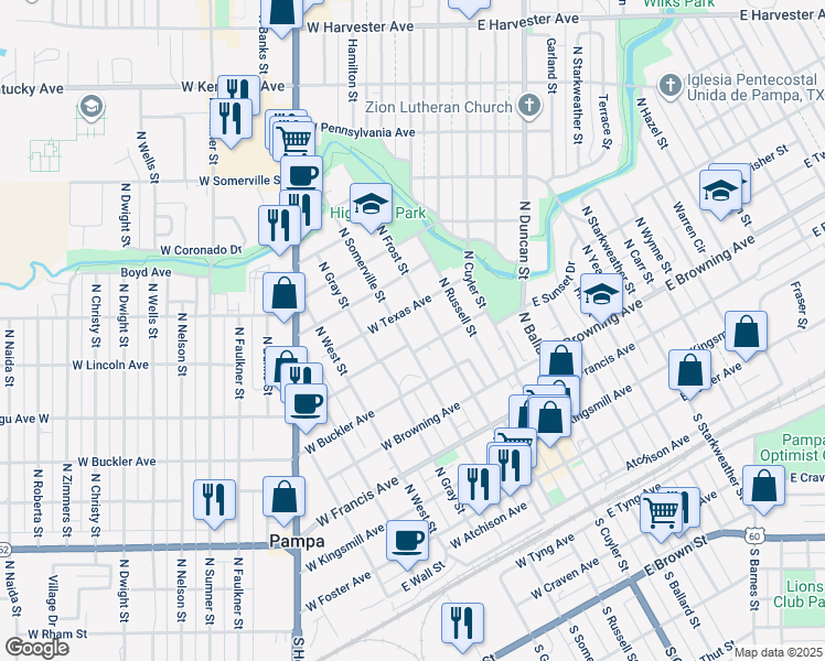 map of restaurants, bars, coffee shops, grocery stores, and more near 616 North Somerville Street in Pampa