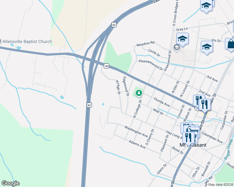 map of restaurants, bars, coffee shops, grocery stores, and more near 110 North High Street in Mount Pleasant