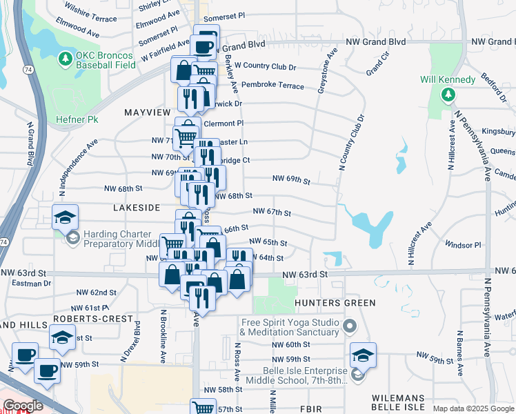 map of restaurants, bars, coffee shops, grocery stores, and more near 2717 Northwest 67th Street in Oklahoma City