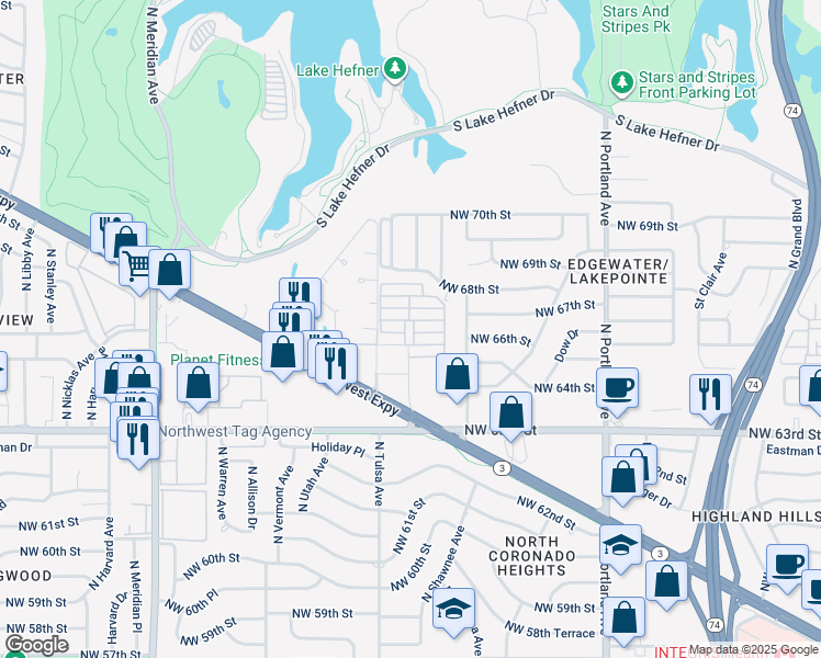 map of restaurants, bars, coffee shops, grocery stores, and more near 4020 Versailles Boulevard in Oklahoma City
