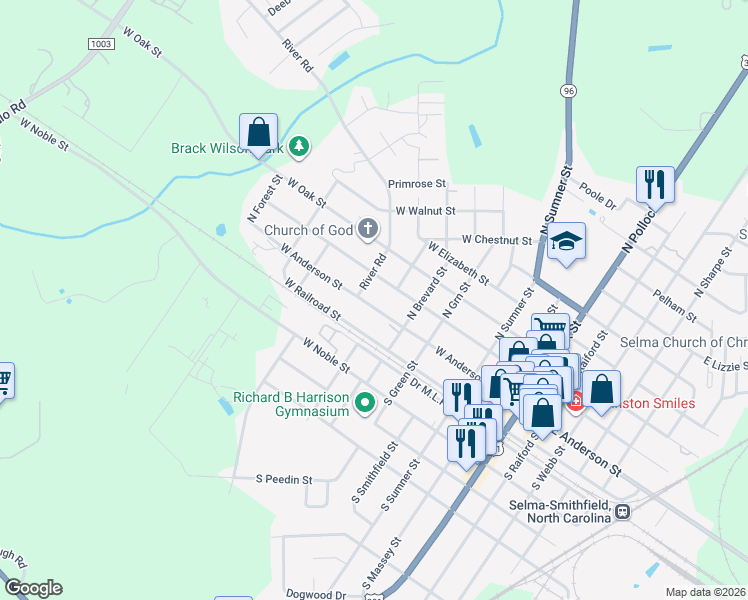 map of restaurants, bars, coffee shops, grocery stores, and more near 804 West Anderson Street in Selma