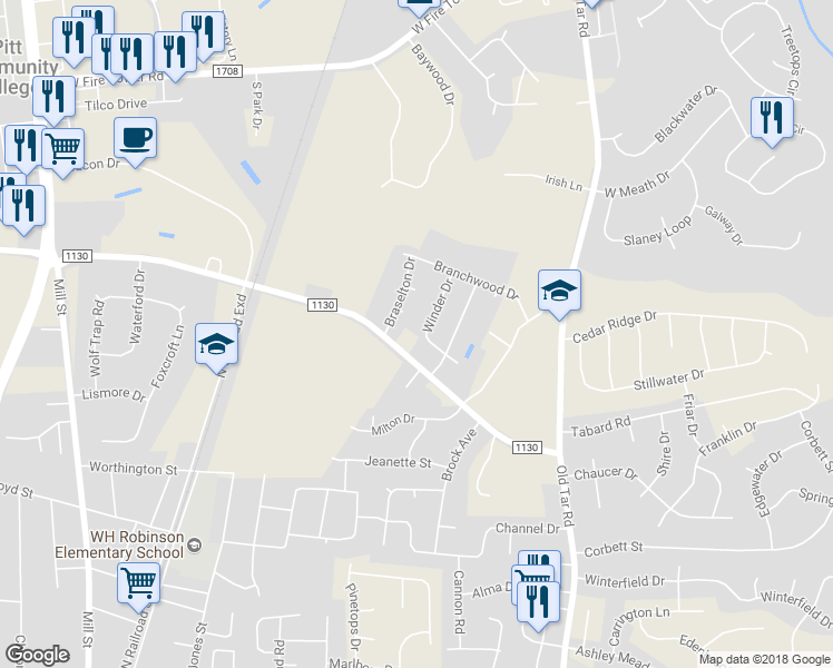 map of restaurants, bars, coffee shops, grocery stores, and more near 2158 Winder Drive in Winterville