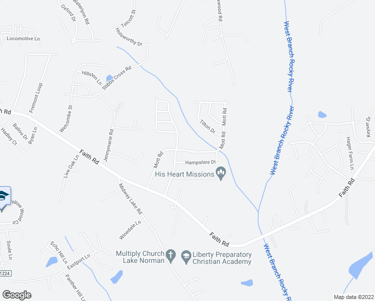 map of restaurants, bars, coffee shops, grocery stores, and more near 160 Mott Road in Mooresville