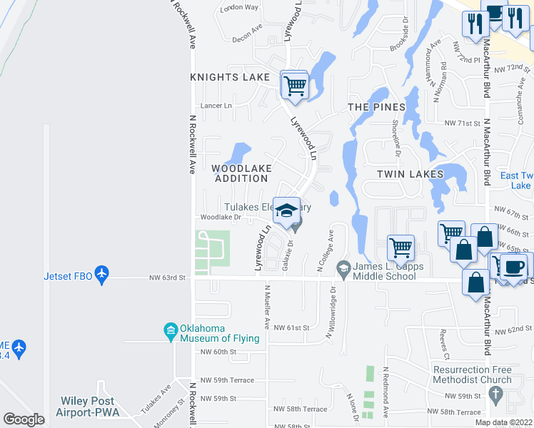 map of restaurants, bars, coffee shops, grocery stores, and more near 6805 Woodlake Drive in Oklahoma City