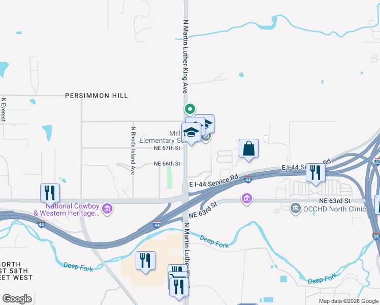 map of restaurants, bars, coffee shops, grocery stores, and more near 6710 North Martin Luther King Avenue in Oklahoma City