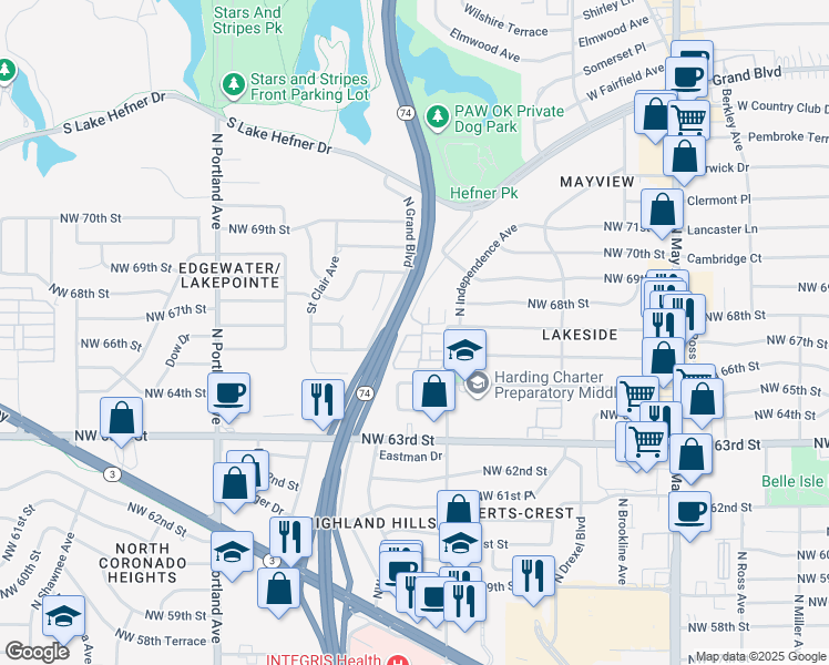 map of restaurants, bars, coffee shops, grocery stores, and more near 3329 Northwest 65th Street in Oklahoma City