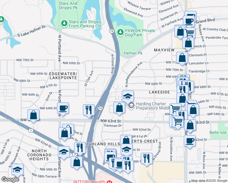 map of restaurants, bars, coffee shops, grocery stores, and more near 3329 Northwest 65th Street in Oklahoma City