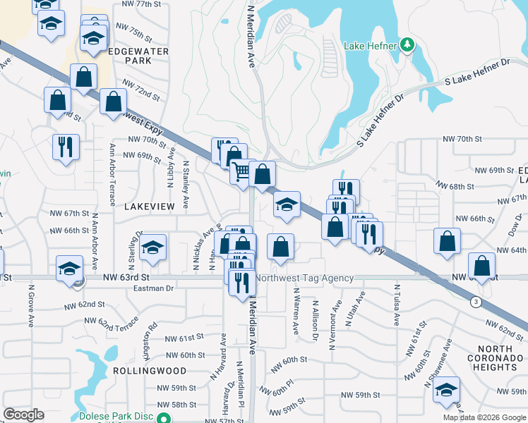 map of restaurants, bars, coffee shops, grocery stores, and more near 6600 North Meridian Avenue in Oklahoma City
