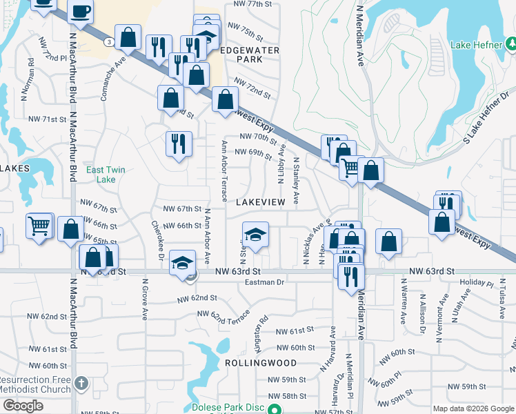 map of restaurants, bars, coffee shops, grocery stores, and more near 4808 Northwest 65th Street in Oklahoma City