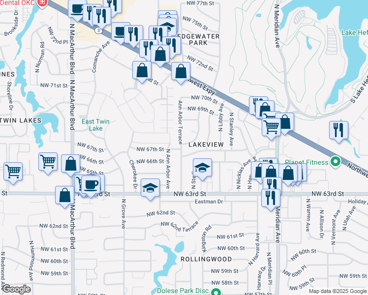 map of restaurants, bars, coffee shops, grocery stores, and more near 6601 North Ann Arbor Terrace in Oklahoma City