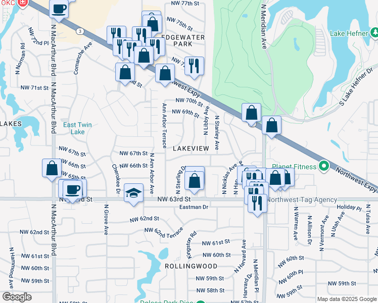 map of restaurants, bars, coffee shops, grocery stores, and more near 4808 Northwest 65th Street in Oklahoma City