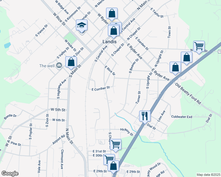 map of restaurants, bars, coffee shops, grocery stores, and more near 406 East Corriher Street in Landis