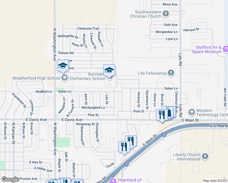 map of restaurants, bars, coffee shops, grocery stores, and more near 1401 Lark Street in Weatherford