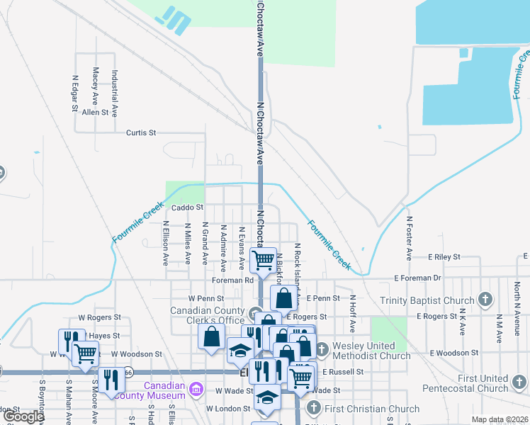 map of restaurants, bars, coffee shops, grocery stores, and more near 720 North Choctaw Avenue in El Reno